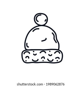Knitted hat beanie icon sign logo Snow hat with pompom symbol emblem Hand drawn ink sketch design Cartoon children's style Fashion print clothes apparel greeting invitation card cover flyer poster