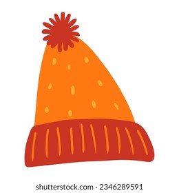 Knitted hat with bobble hand drawn cartoon illustration. Flat style design, isolated vector. Kids autumn, fall print element, seasonal warm, cozy clothes, knitting, handicraft, knitwear