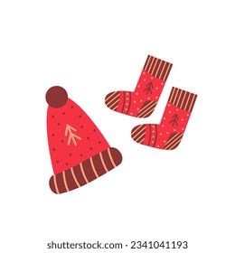 Knitted hat cap and warm socks. Cozy autumn or winter concept. Hand drawn colored Vector illustration. Cartoon style. Design templates. All elements are isolated