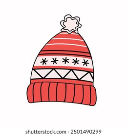 Knitted hat with Christmas ornament. Warm cozy knitted clothes. Handicraft, handmade. Autumn, winter season. Illustration on isolated background.