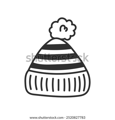 Knitted Hat Doodle Icon. Hand drawn hand made clothing symbol. Striped winter headwear. Warm seasonal accessory. Outline vector illustration