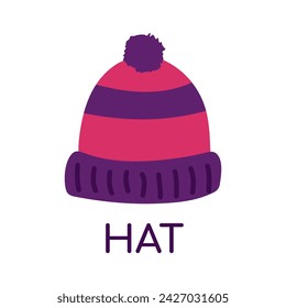Knitted hat. English Word for Dictionary. Pompom hat. Outerwear item. Learning, teaching language for children. Wardrobe. Isolated object. Flat design. Color image - purple, pink.. Vector illustration