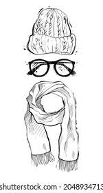 Knitted hat, eyeglasses and a scarf, hand drawn vector illustration monochrome