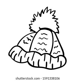 Knitted Hat with fur pom pom, Doodle illustration Coloring Page or Book for Children and Adults