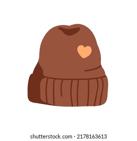 Knitted hat, head wear, clothes. Knitwear, headwear for winter, autumn season. Childs headdress with cute heart. Flat vector illustration isolated on white background