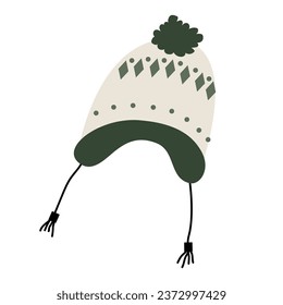 Knitted hat, head wear, clothes. Knitwear, headwear for winter, autumn season. Childs headdress. Flat vector illustration isolated on white background