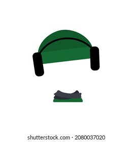 Knitted hat with headphones and scarf for cold season. Template or frame for head. Headdress, item of clothing, accessory for child. Vector flat illustration