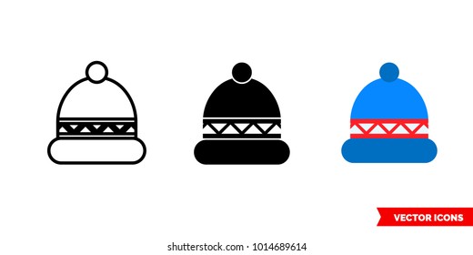 Knitted hat icon of 3 types: color, black and white, outline. Isolated vector sign symbol.