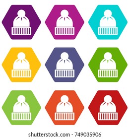 Knitted hat icon set many color hexahedron isolated on white vector illustration