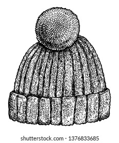 knitted hat illustration, drawing, engraving, ink, line art, vector