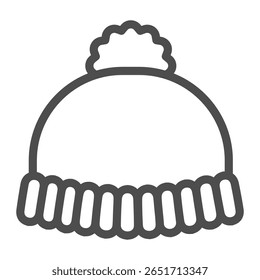 Knitted hat line icon, winter clothing concept. Vector graphics. Stylish warm hat with bubo, headwear sign on white background, outline style icon for mobile or web design
