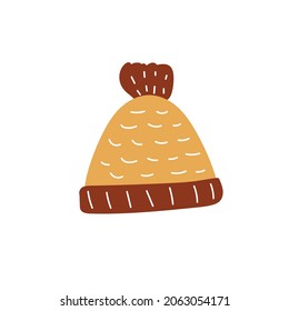 Knitted hat made of wool, vector illustration isolated on white background. Autumn hat icon