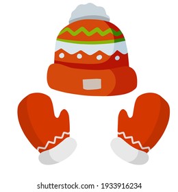 Knitted hat and mitten. Red winter children clothing. Set of warm objects. Flat cartoon illustration