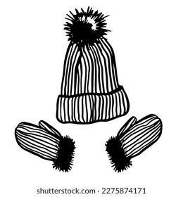 Sombrero de punto y mitones la ilustración vectorial. Ropa de punto de invierno. Dibujar a mano con pieles. Acogedores símbolos de Año Nuevo e invierno para la ropa interior.