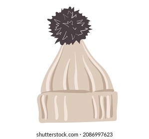 sombrero de punto con pompa, aislado en fondo blanco. Ilustración de moda para la publicidad