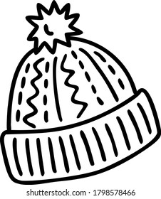 Knitted hat with pompom and revers. Cozy autumn or winter warm hat. Hand draw doodle style. Vector black outlines isolated on a white  background.