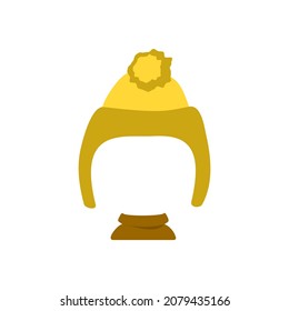 Sombrero de punto con pompa y pañuelo para la estación fría. Plantilla o marco para la cabeza. Dirección, prenda de vestir, accesorio para niño. Ilustración plana del vector