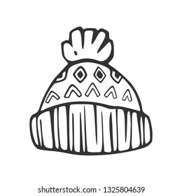Knitted hat with pompon and geometric pattern. Linear sketch by hand. Vector illustration for design, coloring book, prints.