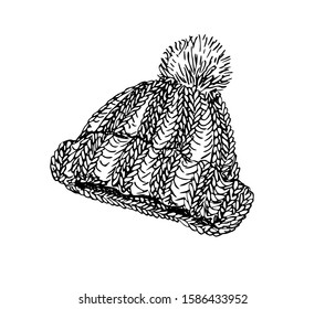 Knitted hat with pompon in line art style.
