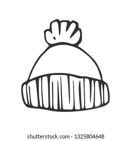 Knitted hat with pompon. Linear sketch by hand. Vector illustration for design, coloring book, prints.