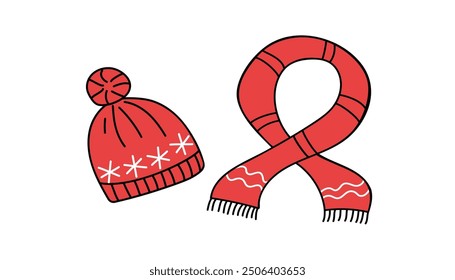 Knitted hat and knitted scarf. Christmas ornament. Warm cozy clothes, winter icons, doodle drawings. Christmas, holiday. Illustrations on isolated background.