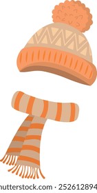 Knitted hat and scarf flat illustration. A set of cute winter knitted clothes. A warm set of outerwear: a woolen scarf and a hat. Vector illustration