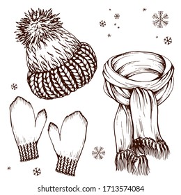 Knitted hat, scarf and mittens. Cozy winter clothes. Hand drawn vector illustration isolated on white.