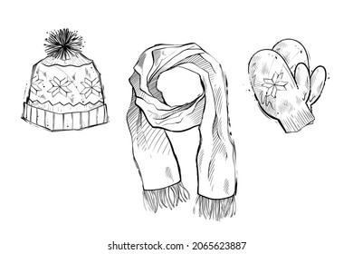 Knitted Hat, Scarf And Mittens, Monochrome Vector Illustration