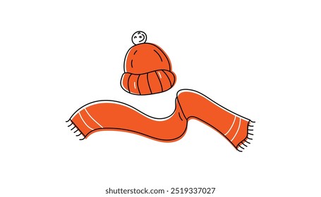 Knitted hat and knitted scarf. Warm cozy clothes, winter icons, doodle drawings. Christmas, holiday. Illustrations on isolated background.