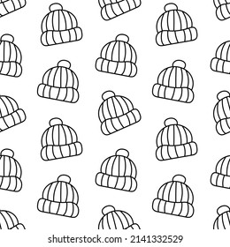 Knitted hat seamless pattern doodle outline vector. Texture for background, label, print, packaging, merchandise, book, storefront, poster, fabric, wrapping, textile.