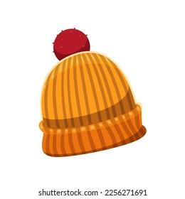 Knitted hat sticker. Vector illustration of cute fall item. Cartoon hat isolated on white background. Autumn decor concept