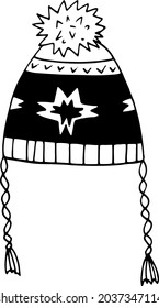 sombrero de punto con corbatas y doodle dibujado a mano pompom. vector, escandinavo, nórdico, minimalismo, monocromo. , pegatina. ropa de abrigo de invierno