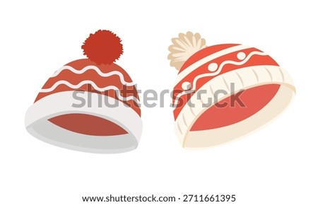 Knitted hat vector set. Winter accessories clipart. Flat vector in cartoon style isolated on white background. Hello winter element.
