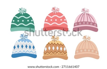 Knitted hat vector set. Winter accessories clipart. Flat vector in cartoon style isolated on white background. Hello winter element.