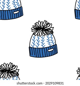 Knitted hat vector stock illustration. Seamless winter pattern. For wrapping paper. Ideal for wallpaper, surface textures, textiles.