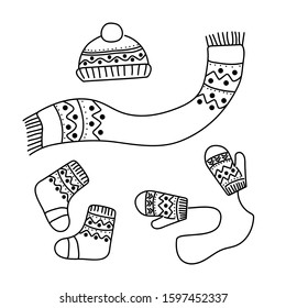 Knitted hat, Warm scarf, Woolen socks, Mittens with elastic. Vector image in doodle style. Black drawing on a white background.