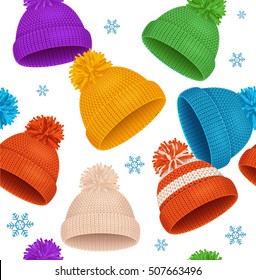 Knitted Hat Winter Background Pattern on a Light. Vector illustration of ski snowboarding cap 