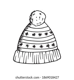 Knitted hat with winter snowflake ornament isolated on white background. Vector hand drawn illustration in sketch doodle outline. Symbol of winter holidays, children clothes. merry christmas, gift