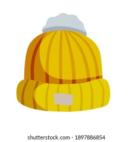 Knitted Hat. Yellow Winter clothing for the head. Flat cartoon illustration isolated on white background