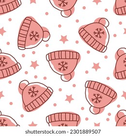 Knitted hats pattern. Christmas cute pink doodle