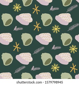 Knitted hats with pine tree twigs seamless pattern on dark green background.  