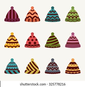 Knitted hats and pompom, retro.