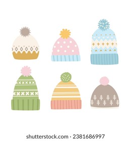 Knitted hats with pompoms for fall. and winter