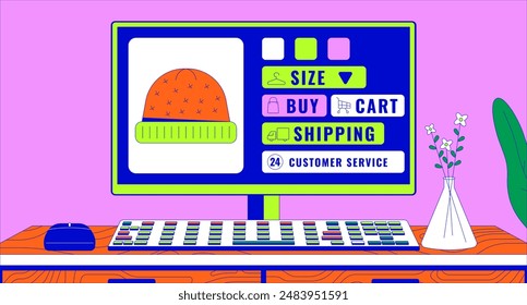 Knitted hats selling web site open on computer 2D linear illustration concept. Fashion accessory ordering on internet cartoon scene background. Online shopping metaphor abstract flat vector graphic
