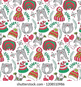 Knitted hats vector illustration. Winter hats Christmas colors. Hand drawn seamless pattern