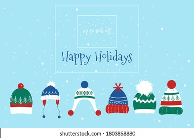 Knitted headwear collection,warm scandinavian winter hats and caps.Merry Christmas and Happy New Year 2021 promo sale flyers.Traditional accessory with pom poms,snowflakes,ear flaps and ornaments.
