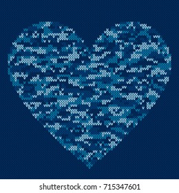 Knitted Heart in Camouflage Pattern Style. Seamless Knitting Texture Imitation with Shades of Blue Colors. Knit Sweater Design