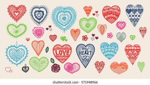 Knitted heart, crafts embroidery. Crochet items with ethnic ornament, lace heart for Valentine, made with love