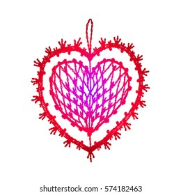 Knitted heart, crafts embroidery. Crochet items with ethnic ornament, lace heart for Valentine, made with love