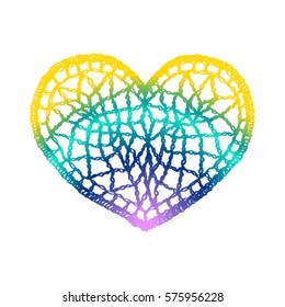 Knitted heart, crafts embroidery. Crochet items with ethnic ornament, lace heart for Valentine, made with love